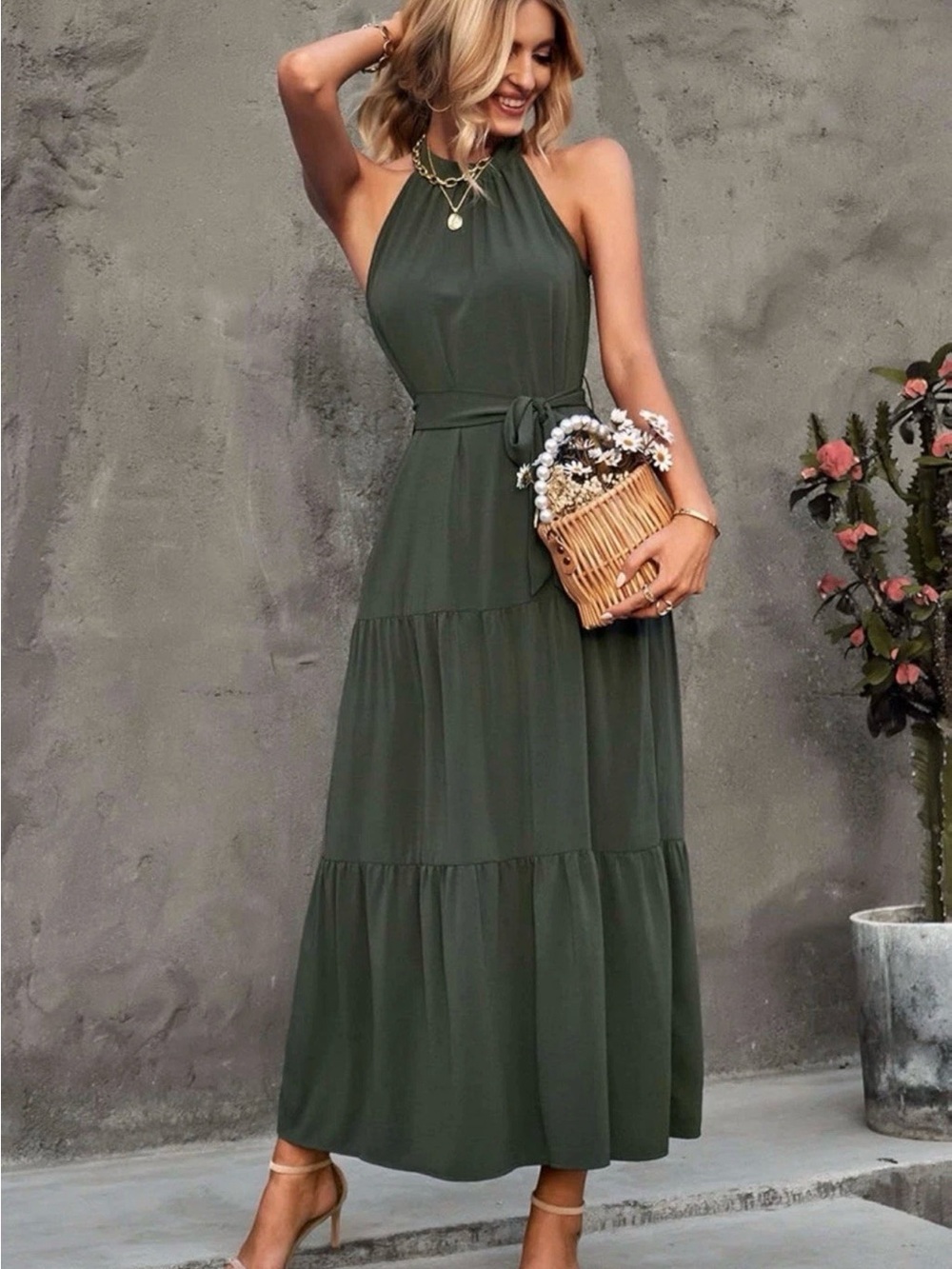 PrettyGarden Boho Sleeveless Halter Tiered Maxi Dress in Olive Green